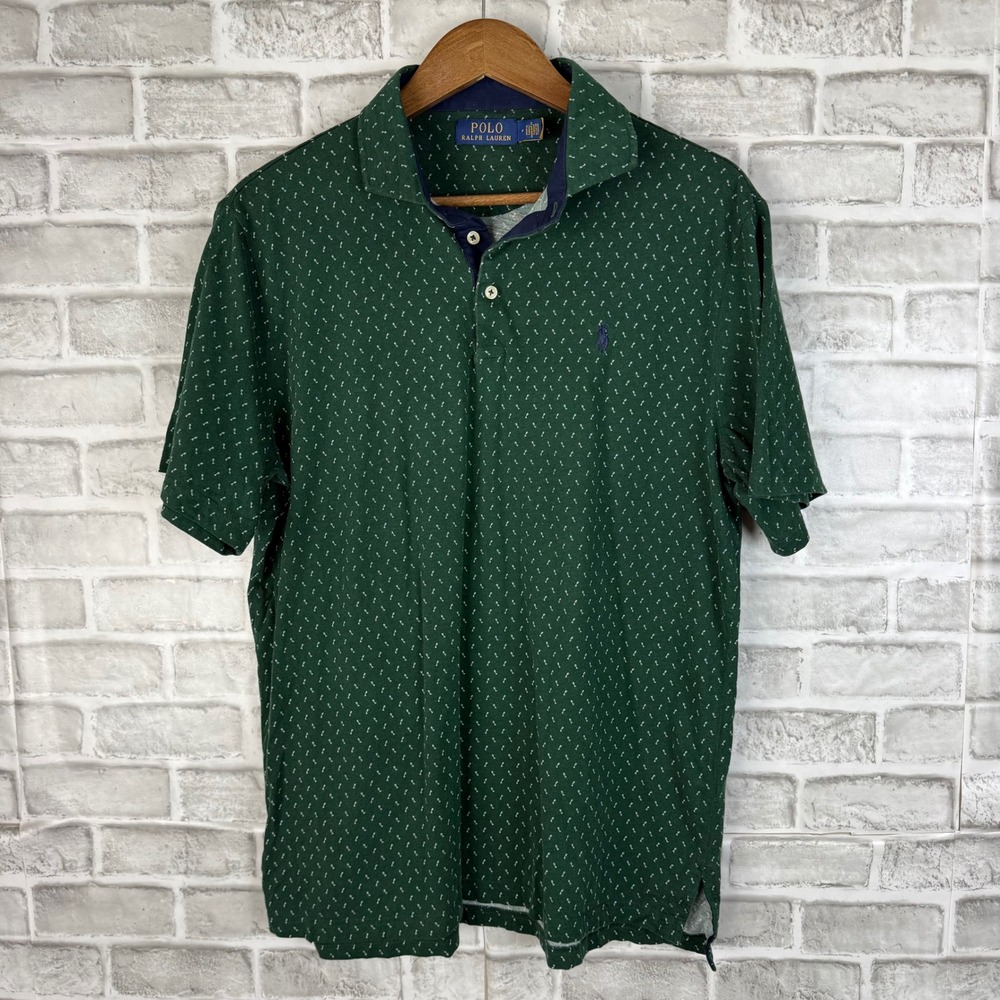 Polo Ralph Lauren Mens Green RL Monogram Print Short Sleeve Polo Shirt MEDIUM